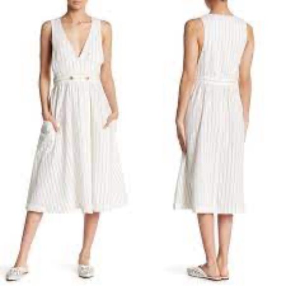 Free People V-neck Diana Wrap Midi Dress - White Pin-Striped Cotton, Small - Picture 2 of 7